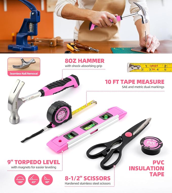 DOWELL Pink Tool Set with 3.6V Cordless Screwdriver Tool Kit, 143 Pcs | for Women, Homeowner Plastic Tool box Storage Case