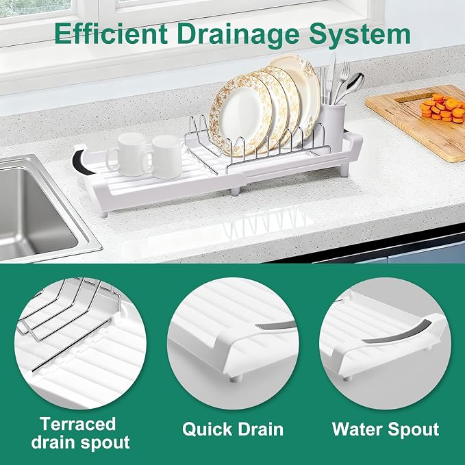 Dish Drying Rack - A Compact, Space-Saving Stainless Steel Rust-Resistant Dish Drainer Specifically Designed for Kitchen and Apartment Countertops/Sink Cabinets,11.42 to 19.9 Inches (White2)