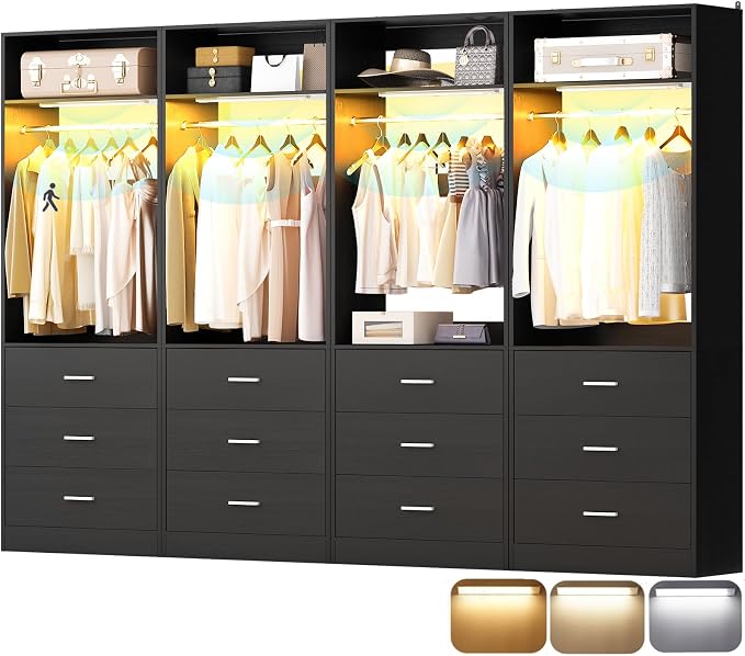 Besiost 8FT Closet System with 4 Motion Sensor LED Lights, 96" Closet Systems with 12 Drawers, Closet Organizer System with 4 Hanging Rods & 4 Shelves, Heavy Duty 96 Inch Walk-in Closet, Black