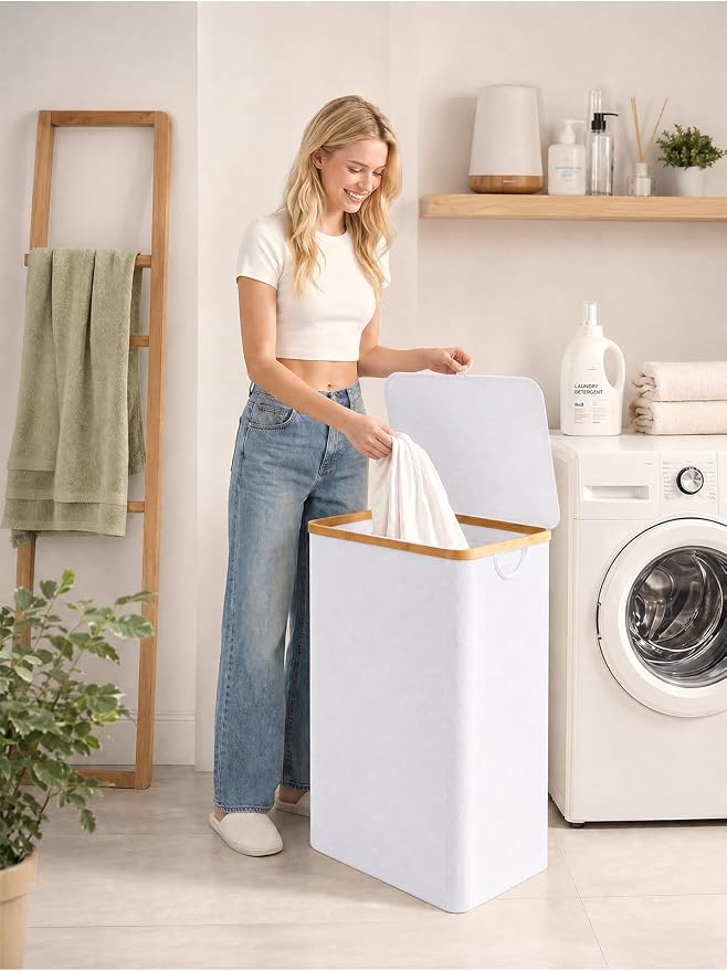 IEGrow Laundry Hamper with Lid,110L Laundry Basket with Mesh Bag,White | Dirty Clothes Hamper Basket with Bamboo Handle for Clothes Towels Organization