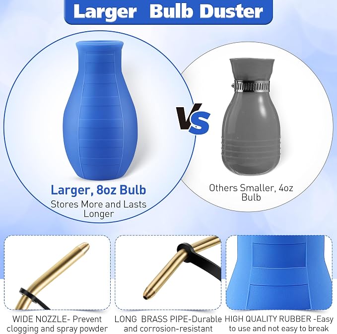 Diatomaceous Earth Powder Duster, 8OZ Garden Powder Applicator Dispenser with Long Metal Tube, Bulb Duster Sprayer for Home Organic Gardening Agricultural Supply(Blue, 1 Pack) | 8OZ bulb duster. Rust-resistant brass/aluminum tube. Smooth upward dischar...