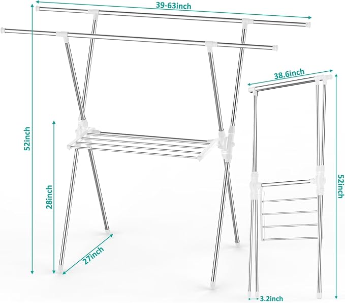 Foldable Clothes Drying Rack 63 Inch Stainless Steel, Heavy Duty Space Saving Laundry Rack Indoor Outdoor, Double Rod Design for Balcony, Laundry Room, Home