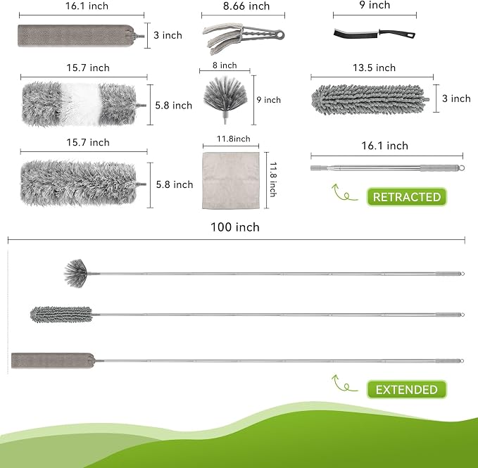 15-Piece Microfiber Feather Duster Set with Extension Pole (16.1" to 100"), Bendable Flat Duster for Under Appliances, Cobweb & Ceiling Fan Duster for Cobweb, Ceiling Fan, Blind, Furniture
