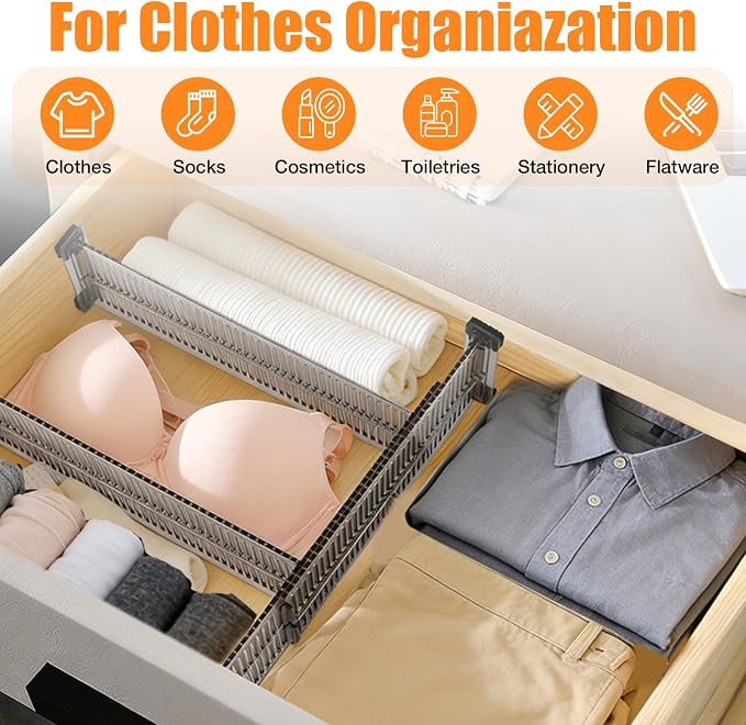 12 Pack Drawer Dividers for Clothes, 3.15" High, 10.83-20.08'' Adjustable | Clear Plastic Expandable Dresser Dividers Drawer Separators For Kitchen, Nursery Baby Clothing, Underwear Cosmetic Organizer