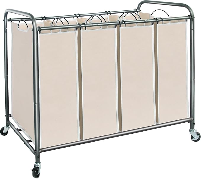 STORAGE MANIAC Laundry Sorter 4 Section, 47.5 Gal (180 L) Laundry Hamper with Wheels, Clothes Divider Basket Sorter, Separator Hamper Cart with Removable Bags, Beige