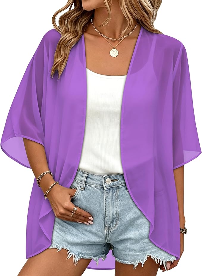 Women Kimono Cardigans Summer Cover Up Hawaiian Shirts Floral Print Tops | ROSEMIA chiffon kimono open front cardigans, beach cover ups, daily casual tops, cruise outfits, summer resort wear