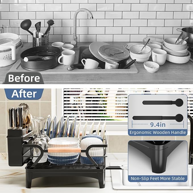 Dish Drying Rack,Space Saving Dish Drainer for Kitchen Counter & Sink,Black | Rustproof,Riser Feet,Wooden Handle,Cup Holder & Knife Slots,Expandable Spout,Auto-Drainage System,Sink Storage Organizer
