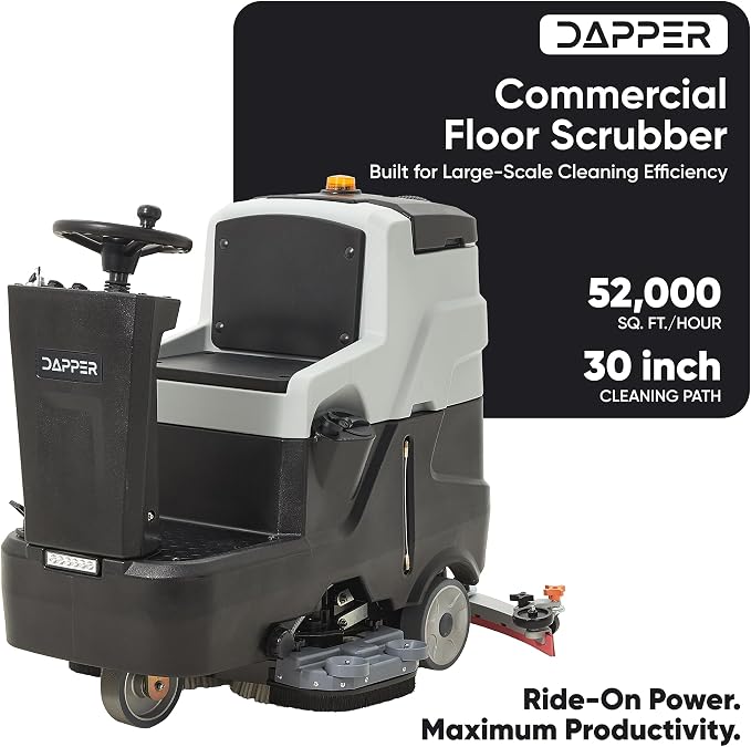 Battery Powered Ride-On Commercial Floor Scrubber Machine, 30" Brush, 39" Squeegee Width, 24 gal Solution Tank, 25 gal Recovery Tank, 5 hr Use 8 hr Charge, 180 RPM, 52,000 Sqft/H, Batteries Included