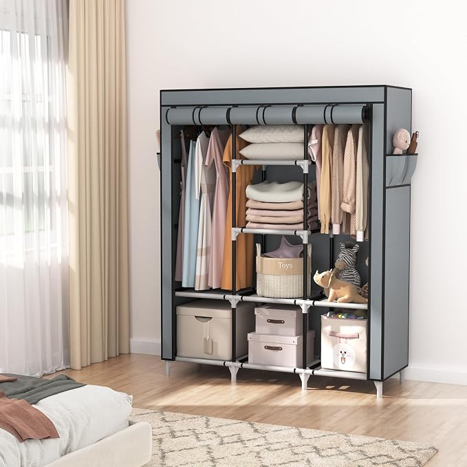 VTRIN Portable Closet Wardrobe for Hanging Clothes with 2 Hanging Rods and 8 Storage Organizer Shelves,Sturdy Large Wardrobe Closet for Bedroom Free Standing Clothes Rack with Cover,Grey