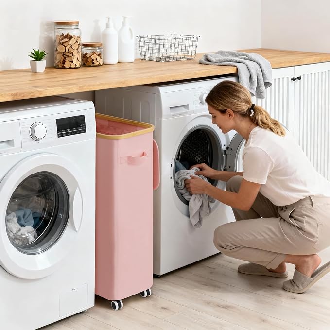 Goodpick 75L Slim Rolling Laundry Basket with Wheels and Lid, Pink | 17 × 9.8 × 29.5 in, Bamboo Frame, Removable Laundry Bag, Collapsible, Dorm, Bedroom & Bathroom Organization, Home Decor