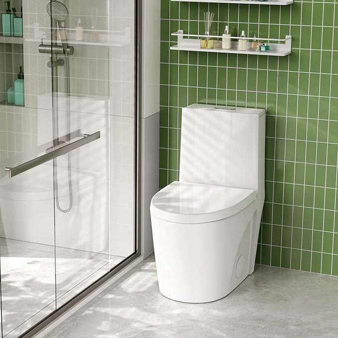 Modern One Piece Elongated Toilet, Dual Flush 1/1.6 GPF, 17" Comfort Height, 15.5" Soft-Close Seat, Quiet & Anti-Clog, Water-Saving, 12" Rough-In, Easy Install (White, 27.17"x15.55"x30.71")