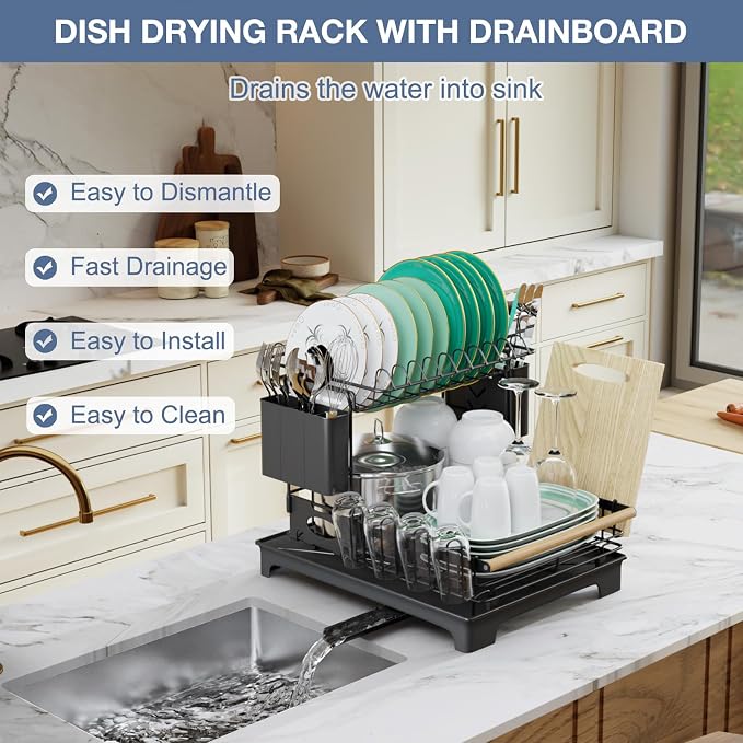 2-Tier Dish Rack Large Capacity Dish Drying Rack for Kitchen Counter Anti-Rust Dish Strainer with Drainboard, Cup Holder, Utensil & Cutting Board Organizer, Heavy Duty Metal, Black