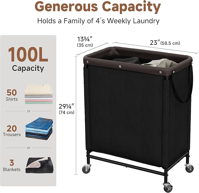 StorageWorks 2 Section Laundry Hamper, 100L Black Sorter Cart with Wheels