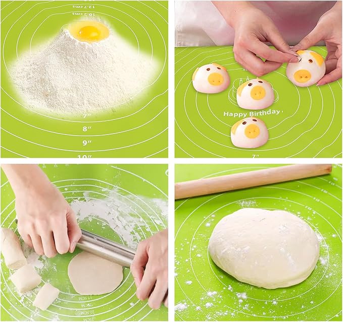 12 Inch Round Silicone Cake Mat with Measurements, Non-Stick Baking Mat for Cake Turntable, Dough Rolling, Cookies & Pizza, Heat Resistant Reusable Pastry Pad(Green)