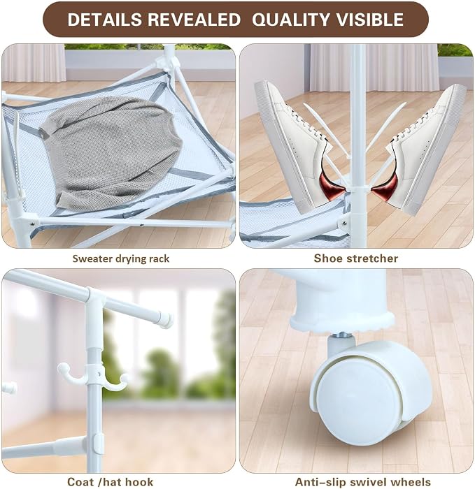 Foldable Clothes Drying Rack with Extendable Rod and Wheels | Folding clothes drying rack Double Rod Extendable 33.1–56.7 Inches,with Wheels, Sweater Drying Net, Hat Hanger