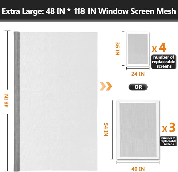 Secopad Window Screen Repair Kit, 48" x 118" Screen Door Mesh Replacement Kit, Durable Fiberglass Roll with Tools for Windows Doors Patio and Porch Replacement, Grey