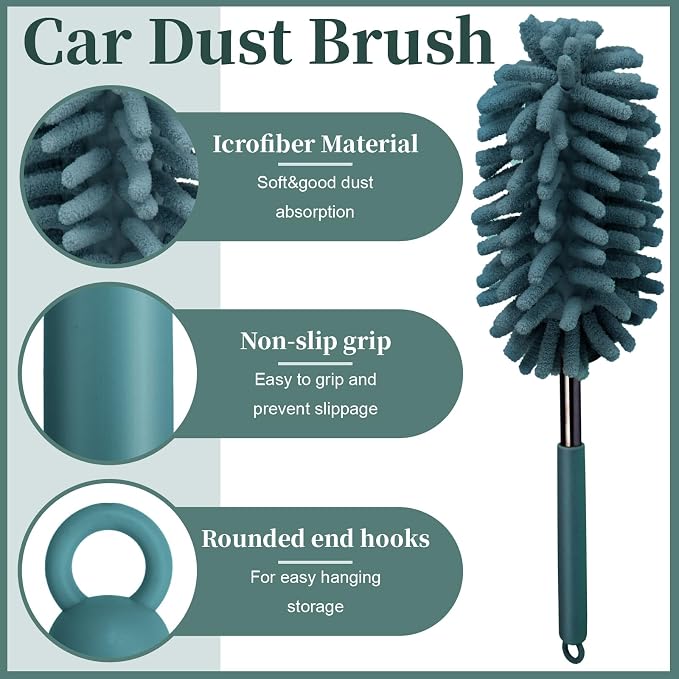 2 PCS Car Interior Duster with Extension Pole, Dusters for Cleaning | Microfiber Car Dusters with Bendable Head, Duster Interior & Exterior Scratch Free for Vehicle, Offices, Window (Nude Blue)