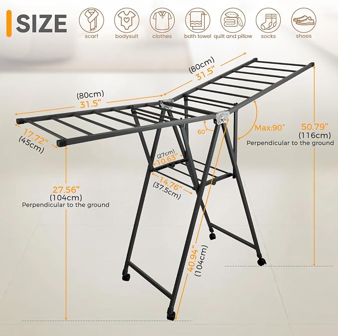 Clothes Rack, 2-Tier Drying Hanger, for 20 Pieces+, Foldable and Space Saving, Portable, Indoor or Outdoor Use, Solid Metal Clotheshorse, Nice for Mum, Gray (1.6 m Wing Length)