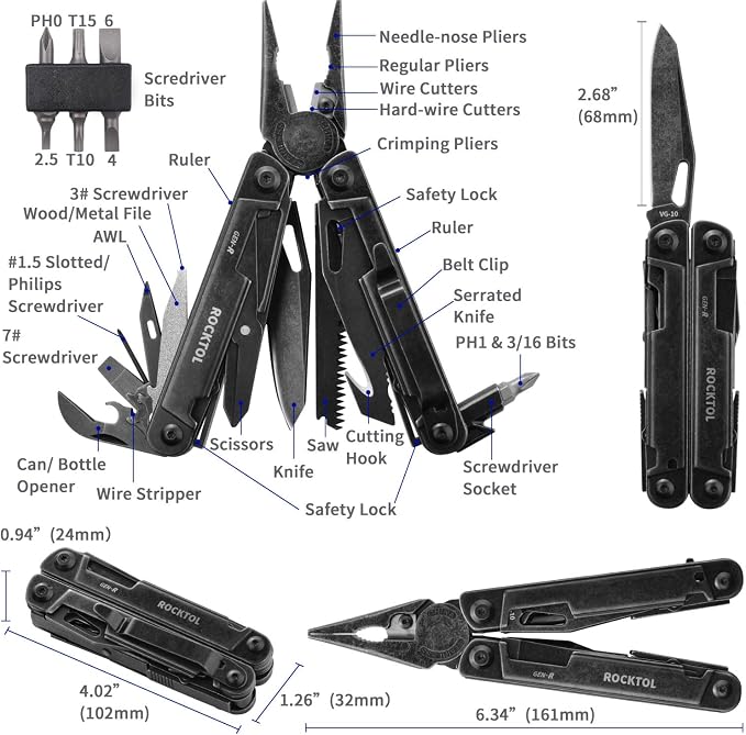 Gen-R RB Multitool Pliers, VG10 Blade, 27-in-1 Multi-tool, EDC Pocket Knife, Retro Black Finish, Precision Screwdriver, Gut Hook for Hunting, Backpacking, Hiking, Camping