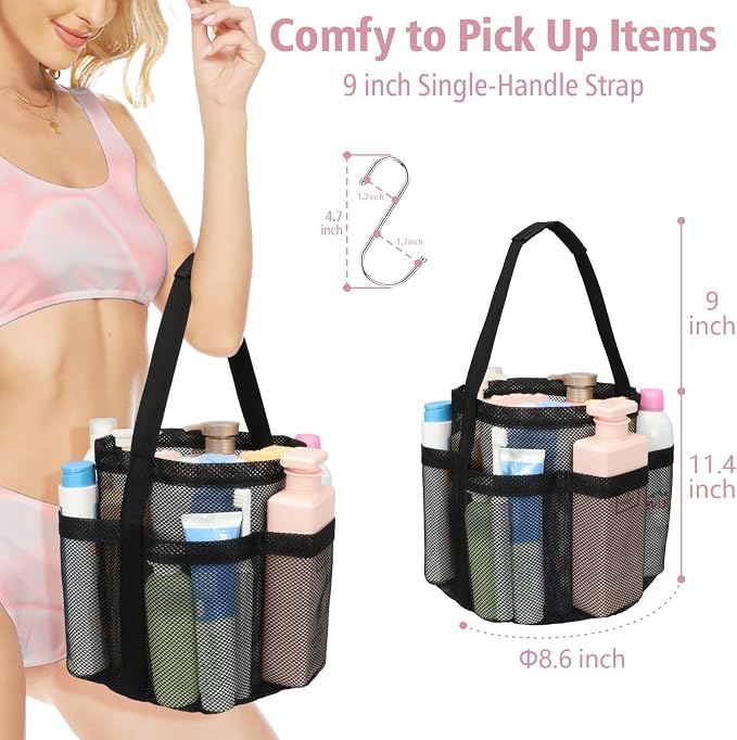 Mesh Shower Caddy Portable - 2 Packs, Large Shower Bag for Dorm, Camping | 2 Pack, S-Hook, Quick-Dry, Hanging Toiletry Organizer, College Dorm Room Essentials for Girls, Gym, Travel & Bathroom, Black