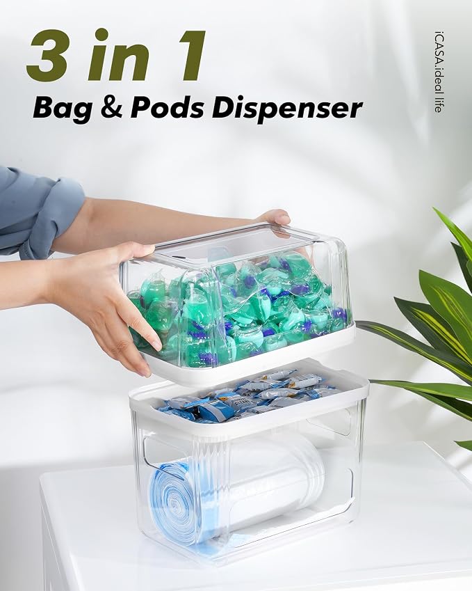 iCASA 3 in 1 Trash Bag Dispenser Holder Dishwasher Pod Organizer | Garbage Bag Dispenser Under Sink Organizer for 13/30/33 Gallon Bag, Kitchen Clear Plastic Storage Bins Laundry Pods Container