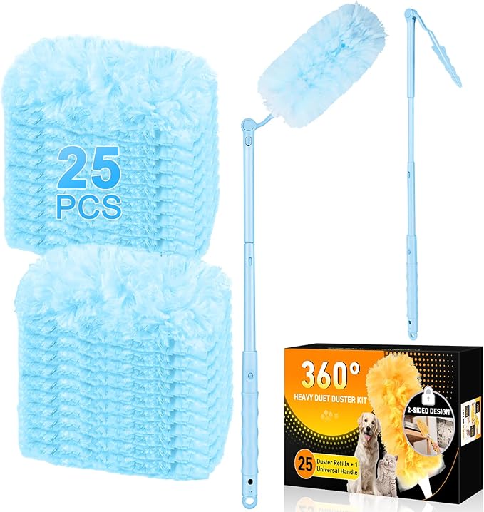 360° Duster Refills Kit for Swiffer Duster, 25 Pack & 1 Handle, Multi-Surface Dusters with 4X Cleaning Power. Efficient Duster Kit for Cleaning Pet Hair, Home, Office, Blinds, Furniture and More