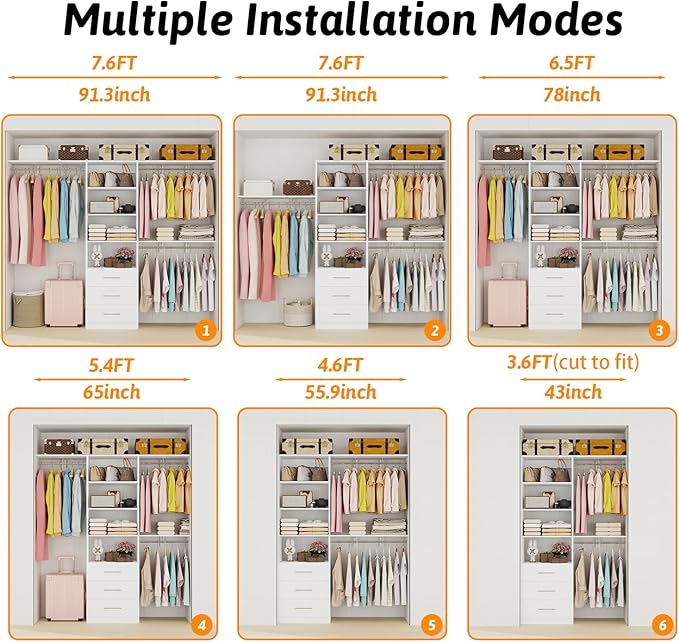 Closet System with Drawers, 5FT-8FT Closet Organizer System with 3 Side Top Shelves(Cuttable) & 3 Expandable Hanging Rods, Walk in Closet Storage Shelving System, Walk in Closet System, White