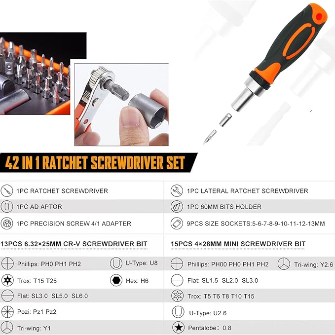 42 in 1 Ratcheting Screwdriver Set, Ratchet Wrench | Cr-V Steel, Rotatable Ratchet Handles ＆ Storage Case, Household Repair Tool Kits for Bike