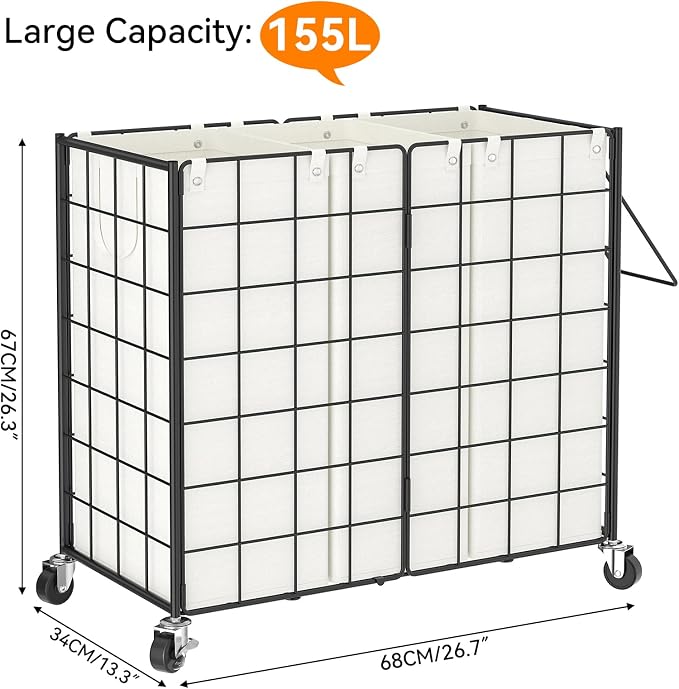 WOWLIVE Laundry Basket 3 Section with Wheels, Metal Rolling Laundry Hamper | Wire Frame Dirty Laundry Organizer with Removable Bags, 150L Clothes Hamper for Dorm Room Storage, College, Black and White