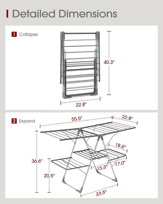 Sakugi Clothes Drying Rack, Foldable 2-Level with 55.5" Adjustable Wings | Laundry Room, Bedroom, Indoor & Outdoor Use, Height Adjustable, Clothing & Bedding, 55.5" L × 22.8" W, Gray