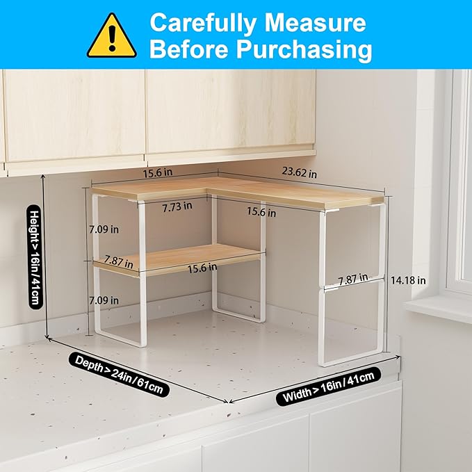 Golener Kitchen Counter Organizer, Countertop Shelf, Adjustable, Stackable | Kitchen Countertop Organizer, Spice Rack, 2-Tier Countertop Shelves, Corner Desk Shelf, Corner Counter Shelf, Natural Beige