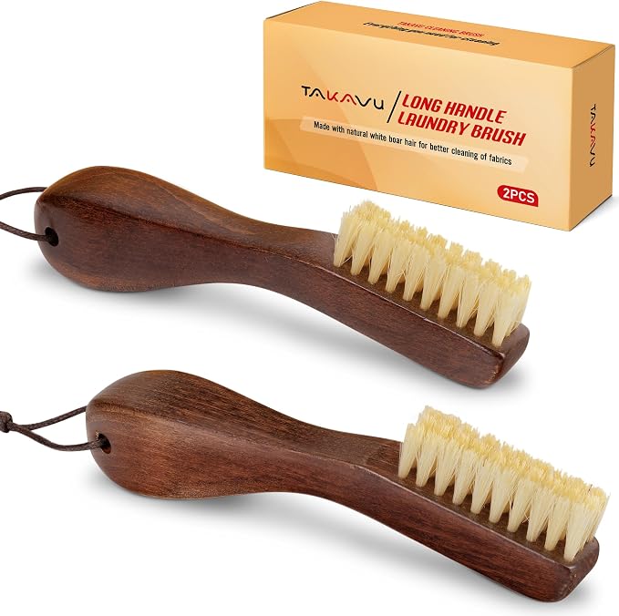 TAKAVU Laundry Stain Brush 2pcs, Soft White Boar Bristles | Clothes Cleaning Scrubber, Stain Remover for Shirts, Collars, Cuffs & Shoes, Curved Beech Wood Handle with Hanging Loop