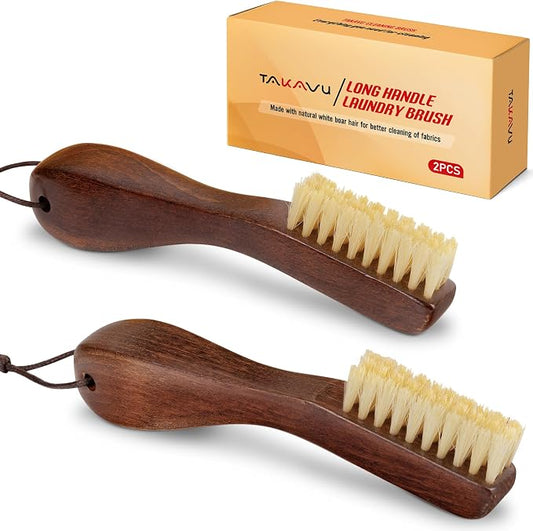 TAKAVU Laundry Stain Brush 2pcs, Soft White Boar Bristles | Clothes Cleaning Scrubber, Stain Remover for Shirts, Collars, Cuffs & Shoes, Curved Beech Wood Handle with Hanging Loop