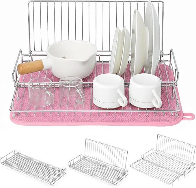 Collapsible Dish Drying Rack, Stainless Steel Dish Rack for Small Kitchens | JM.JEEMI Foldable Dishes Drainer with Pink Drying Mat, 15.8"x12.7" Space Saving Countertop Organizer for Dorm & Apartment