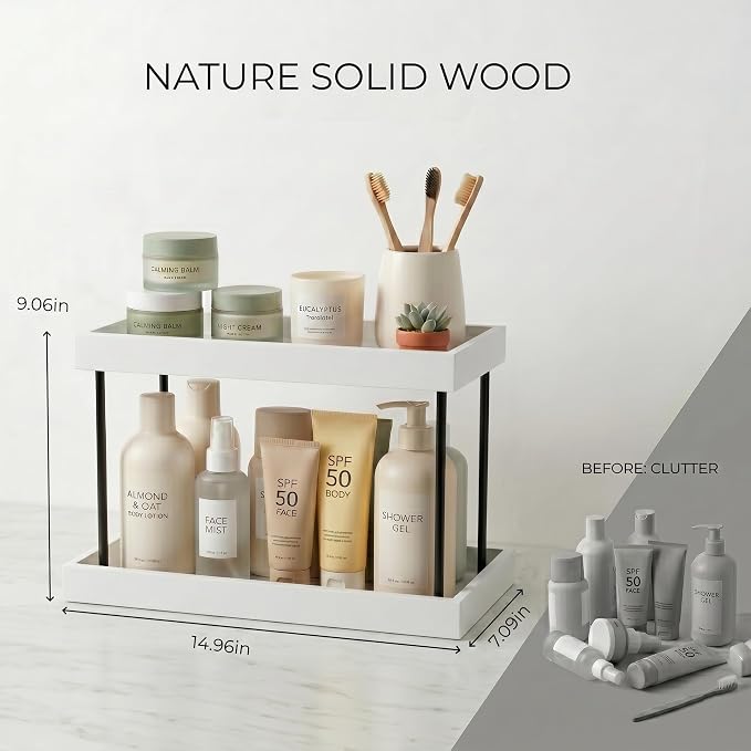 WOPITUES Bathroom Counter Organizer,2 Tier Perfume Organizer,Wooden Bathroom Organizers and Storage for Makecup Perfume Skincare,Countertop Organizer in Kitchen,Bedroom,Coffee Bar,White