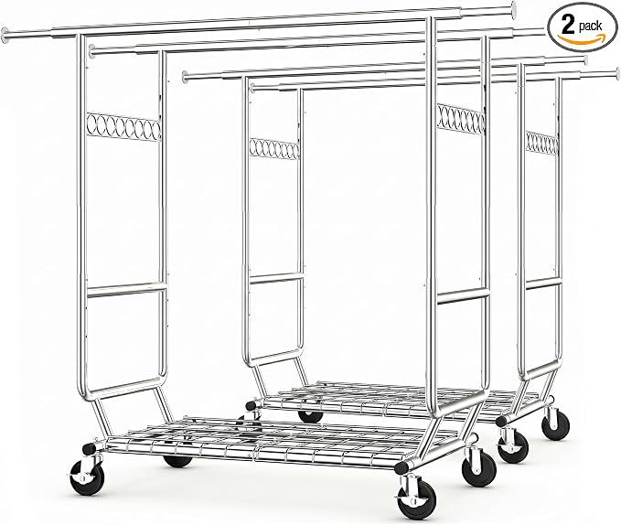 HOKEEPER Clothes Rack Heavy Duty Clothing Rack Load 650 LBS Collapsible Garment Rack with Wheels Double Rod Clothes Rack for Hanging Clothes Commercial Portable Closet Rack, 2 Packs 22" D*75" W*68" H