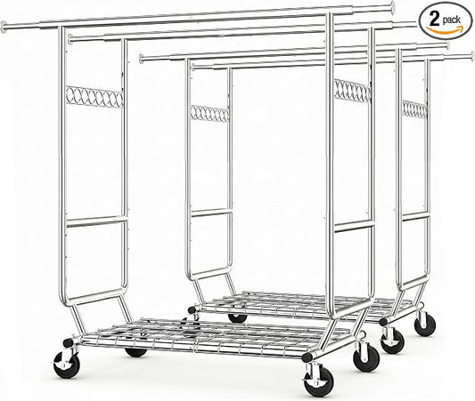 HOKEEPER Clothes Rack Heavy Duty Clothing Rack Load 650 LBS Collapsible Garment Rack with Wheels Double Rod Clothes Rack for Hanging Clothes Commercial Portable Closet Rack, 2 Packs 22" D*75" W*68" H