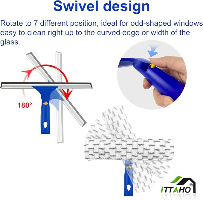 ITTAHO Squeegee for Window Cleaning,12" Squeegee and 11" Microfiber Scrubber Combi with Stainless Steel Pole,Extendable Window Cleaner for Car,Sliding Door,Shower Glass Door-Swivel Style-2 Pads