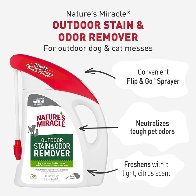 Nature's Miracle Outdoor Pet Stain & Odor Remover, 64 oz Flip & Go Sprayer | For Outdoor Dog & Cat Messes, Cleans Dog and Cat Pee, Poop, Vomit, Drool, Use On Decks, Patio Furniture, Concrete & More