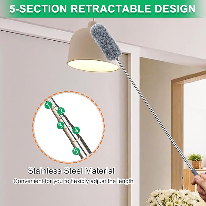 2 Pack Microfiber Duster for Cleaning, Small Dusters with Microfiber Head, Extendable Pole, Hand Washable, Cleaning Supplies for Office, Car, Window, Furniture