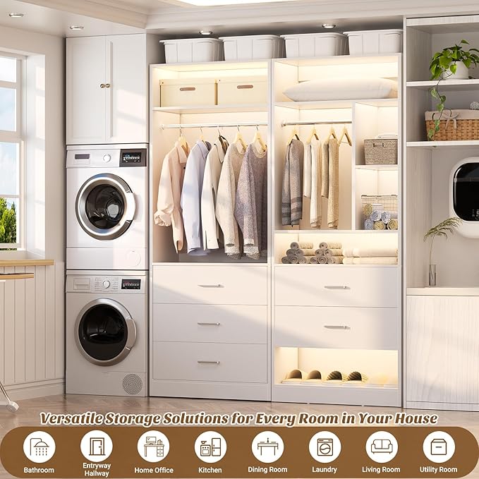 Besiost 4FT Closet Systems with 5 Wood Drawers, 48 Inch Closet Organizer System with 2 Hanging Rods & 7 Shelves, Heavy Duty 48" Walk-in Closet , White (48"L x 15" W x 80" H)