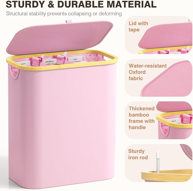 Hampers for Laundry Basket with Lid, 160L Large Laundry Hamper 3 Section | Dirty Clothes Hamper Separator with 3 Removable Bags & 5 Labels, Divided Laundry Organizer for Bedroom, Laundry Room, Pink