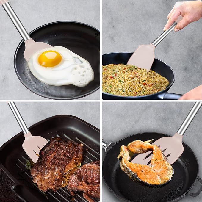 2 Pack Spatulas, Solid & Slotted Silicone Spatula Set, Stainless Steel Handle Coated with Silicone, Non Stick Turners, Heat Resistant Rubber Spatulas for Fish, Eggs, Pancakes, Khaki