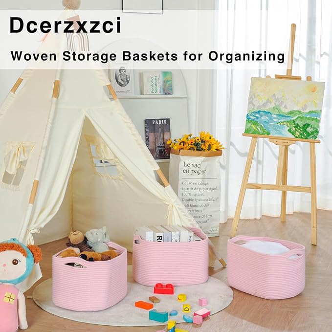 Pink Storage Baskets for Organizing Shelves, Woven Cotton Rope Baskets for Storage, Toy Basket for Kids, Cute Basket for Shelves Closet, 14.8"×11"×9.5", Pack of 3, Light Pink