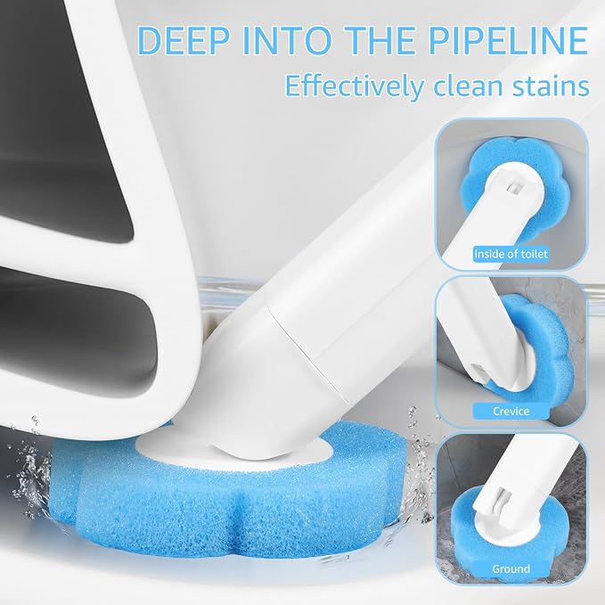 Disposable Toilet Bowl Cleaner Wand System, Wall Mounted Toilet Brush with 360° Sponge Refill Heads, Hygienic Deep Cleaning Bathroom Scrubber, Space Saving Adhesive Caddy