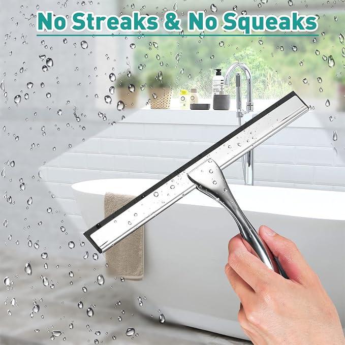 Shower Squeegee for Glass Doors,10-Inch Shower Glass Squeegee, Sliver Shower Squeegee for Shower Doors,Mirror,Windows, with Shower Door Hook and Adhesive Hook