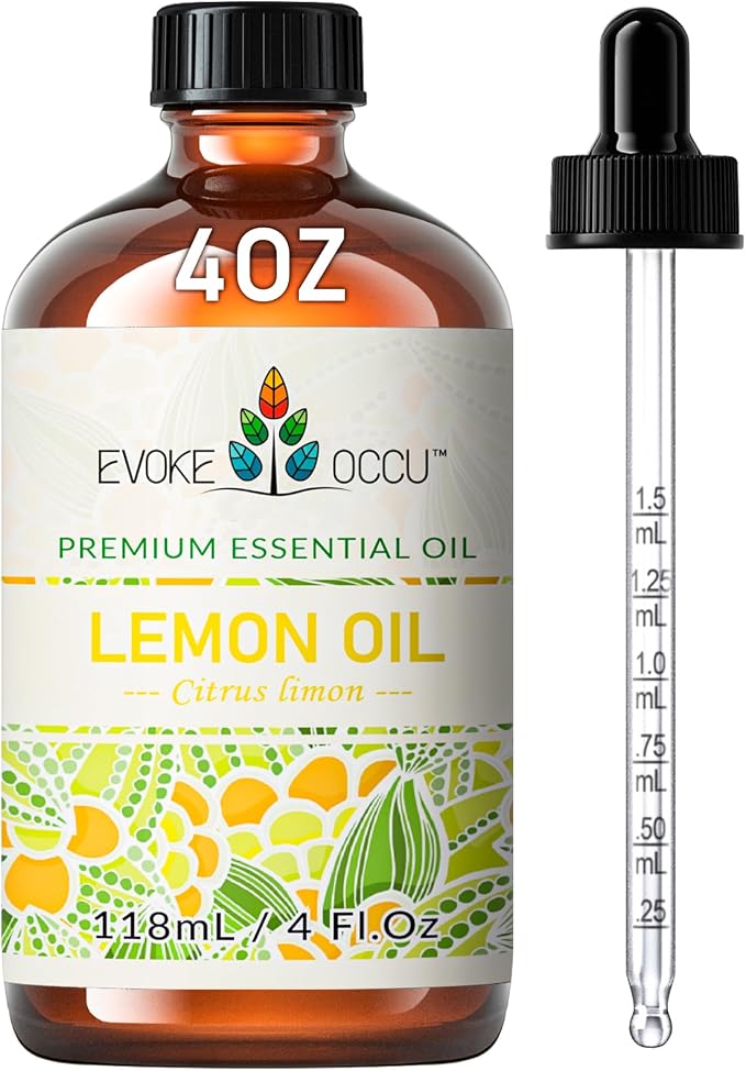 EVOKE OCCU Lemon Essential Oil for Cleansing Skin Home Diffuser Massage | DIY Cleaning Spray, Suitable for Cleaning Kitchen Countertops, Dishes, and Cookware, and for Freshening up – 118mL / 4 fl oz