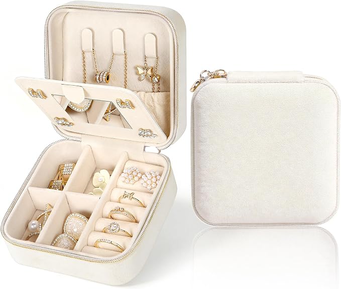 MFXIP Plush Velvet Travel Jewelry Case Small Jewelry Box Jewelry Organizer Storage Case Portable Jewelry Travel Case for Girls Womens Earring, Necklace, Rings,Bracelets with Mirror