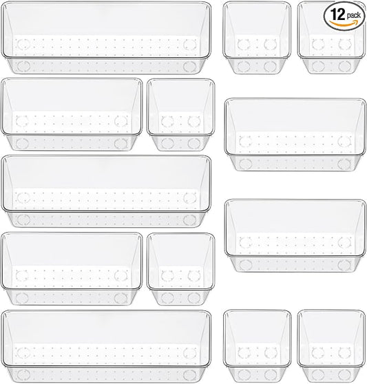 12 Pack Clear Drawer Organizer Set, 3 Sizes Bathroom Vanity Organizer Trays | Vanity and Makeup Organizer | Bathroom Organizer Trays | Storage Bins For Makeup | Cosmetics | Jewelry | Gadgets