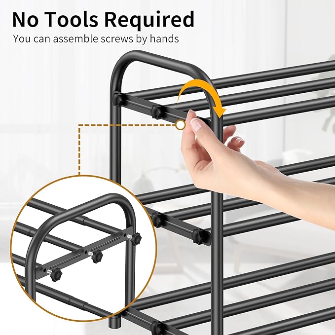 Hleelomi 3-Tier Expandable Shoe Rack for Entryway，Adjustable Metal Shoe Organizer for Closet,Living Room,Dorm,Black